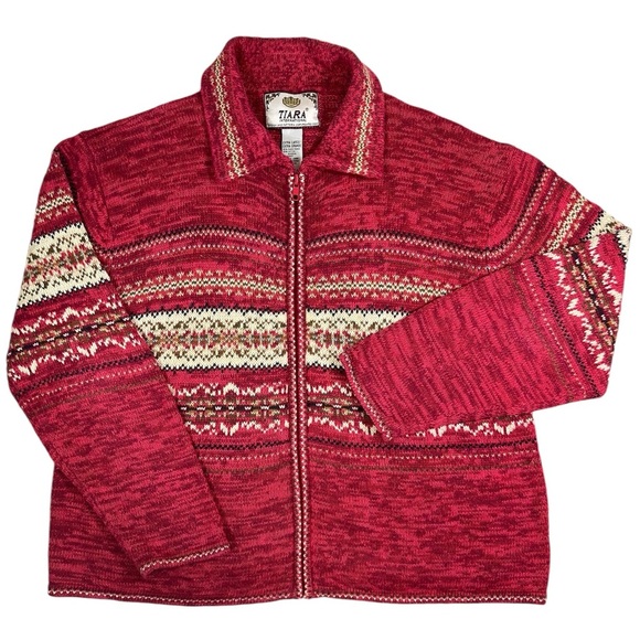 Tiara Fair Isle Knit Zip Cardigan Sweater XL - Vintage Y2K - Picture 1 of 10